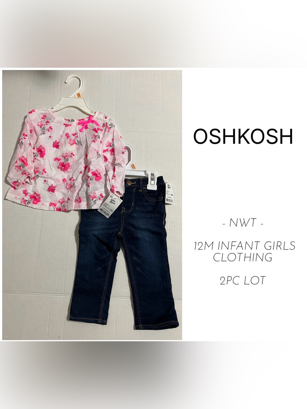 OSHKOSH - 12M - NWT - INFANT GIRLS 2PC FLORAL SHIRT AND DENIM PANT OUTFIT LOT